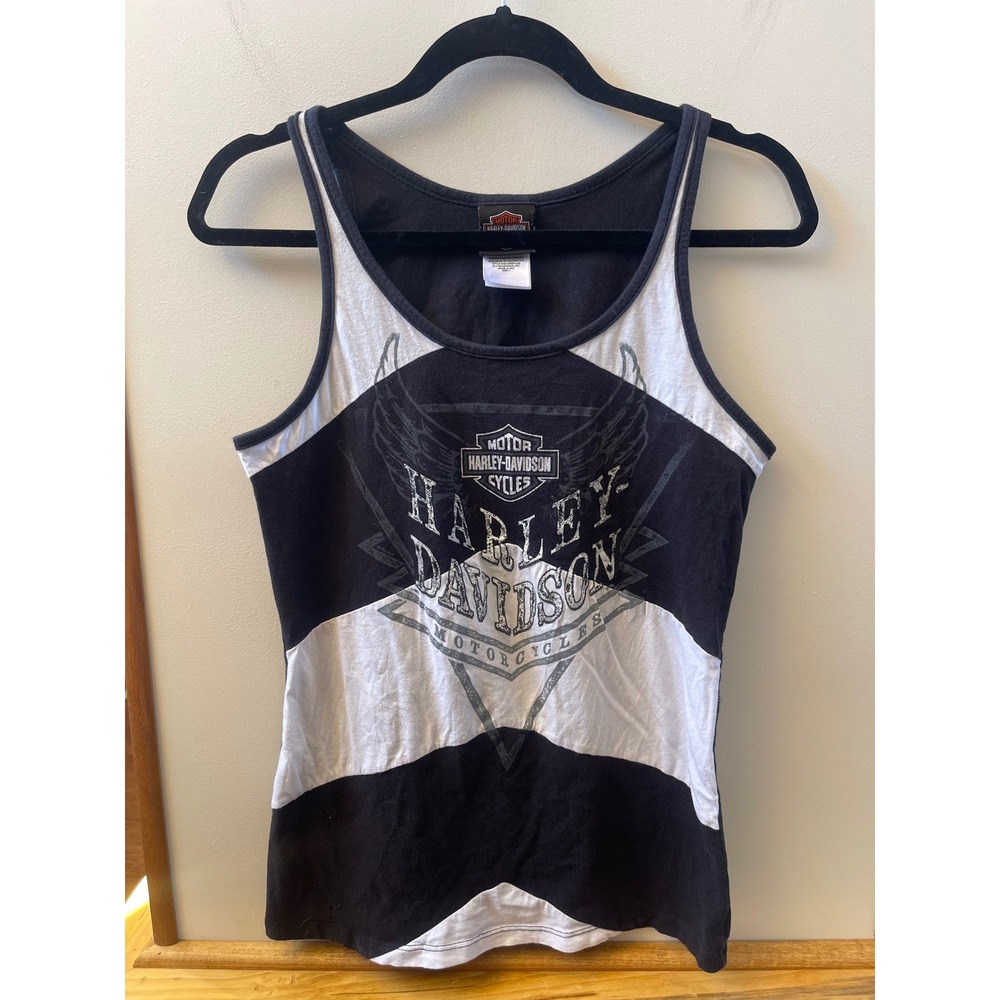 Harley Davidson Tank Top Womens Large Black White Biker Chevron Logo